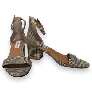 Steve Madden Irene Heeled Sandal Black Plaid with Ankle Strap NWT